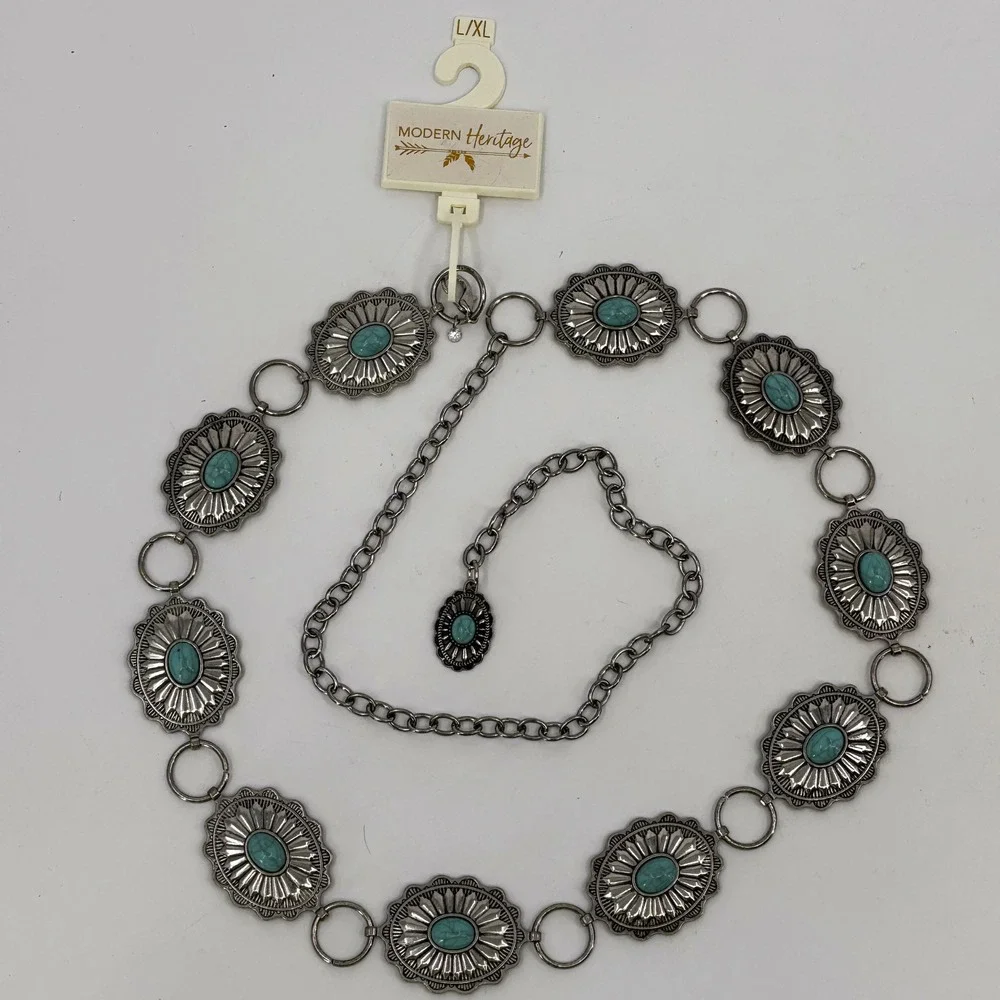 Western Modern Heritage Concho Chain Belt Women L/XL Silver Turquoise Boho New